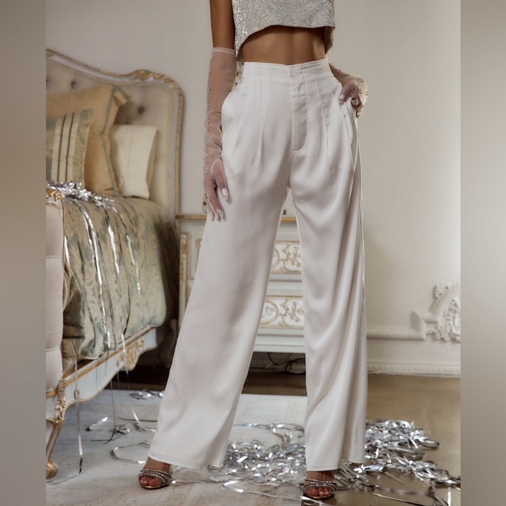 12th Tribe Halley White Satin Trousers